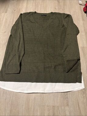 Hilary Radley Olive Green V-Neck Sweater with Faux White Layered Hem